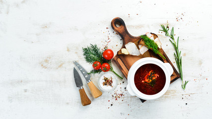 Beet soup. Ukrainian traditional borscht. Top view. Free space for your text.