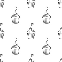 Hand drawn cupcakes seamless repeat pattern.Valentine's day seamless repeat pattern.