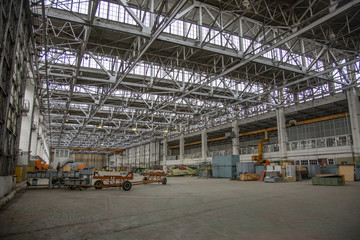 Interior of an abandoned industrial workshop. MIG Aircraft Building Plant in Moscow, Russia