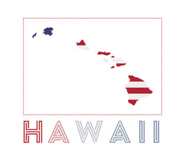 Hawaii Logo. Map of Hawaii with island name and flag. Superb vector illustration.
