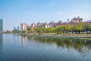 Fototapeta na wymiar Beautiful Lakeview Real Estate Residential District in Fenghuanghu Park, Nansha District, Guangzhou, China