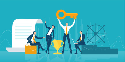 Team of successful business people, bankers  working together and holding arrow up as symbol of growing business and success in investments. 