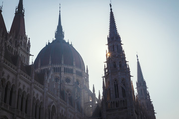 Gothic facade of Hungarian Parliament building in Budapest city