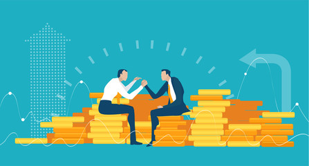 Two business man fighting with Arm wrestling. Business people sitting on pile of golden coins and negotiating the deal. Business concept illustration - obrazy, fototapety, plakaty