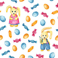 Seamless pattern with easter bunnies, colored eggs and sweets. Hand watercolor illustration isolated on white background for design of Easter and children's products.