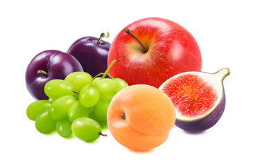 Red apple, green grapes, plums, apricots and fig isolated on white background