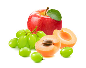 Red apple with green leaf, grapes and apricots isolated on white background