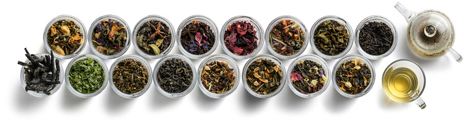 Large assortment of tea on a white background. The view from the top