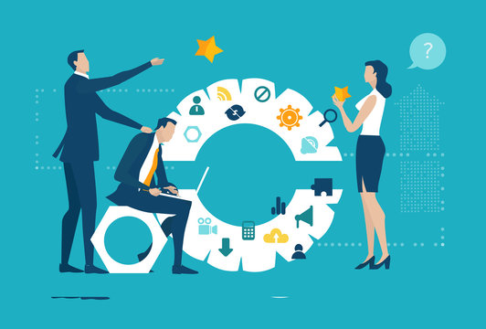 Business people working together. Communication business icons and gear at the background. Business concept illustration. 