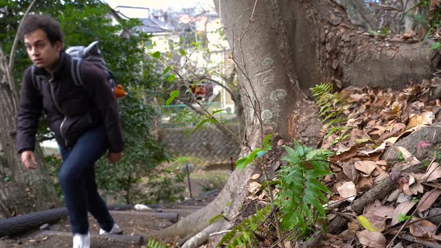 Male backpacker hiking in Kanagawa, Japan