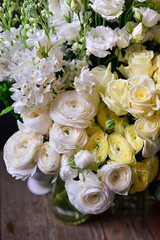Rose cappuccino, brunia, daffodil, Eustoma, lisianthus, ranunculus, Skimia the most beautiful bouquet of flowers this year
