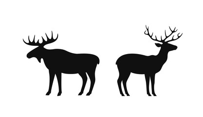 Deer and elk. Isolated deer on white background. Elk Silhouette