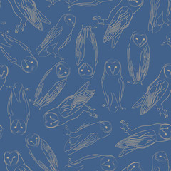 Vector Barn Owls in Brown Line Art on Blue Background Seamless Repeat Pattern. Background for textiles, cards, manufacturing, wallpapers, print, gift wrap and scrapbooking.