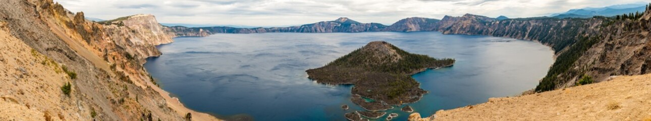 Panoramic view of Wizar Island from The Watchman lookout point in Crater Lake
