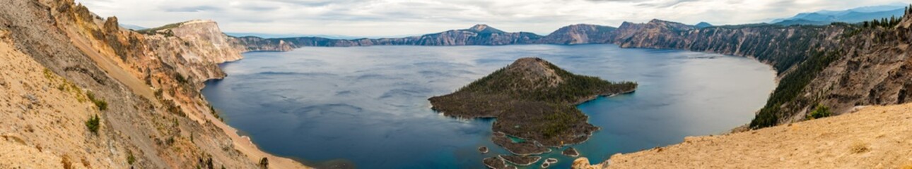 Fototapeta na wymiar Panoramic view of Wizar Island from The Watchman lookout point in Crater Lake