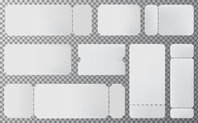 Empty ticket template. Set of blank ticket mockup template. White paper coupon event, theater or lottery travelling festival airplane modern coupon isolated on grey background