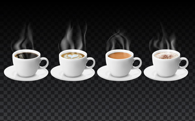 3d realistic different sorts of coffee in white cups view from the top and side. Cappuccino latte americano espresso cocoa in realistic cups. 3d model for cafe menu.