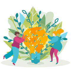 Creative team at work. Idea research concept. People are searching for business solutions and connecting jigsaw puzzle pieces into a light bulb. Vector illustration in trendy style isolated on white.