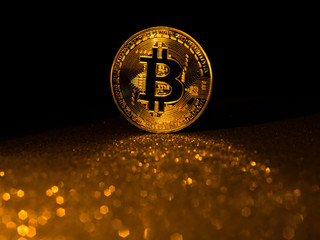 Bitcoin. Crypto currency Gold Bitcoin, BTC. Macro shot of Bitcoin coins. Blockchain technology, bitcoin mining concept.