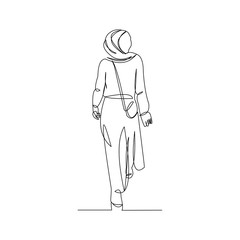 Continuous line drawing of fashionable muslim woman wearing hijab scarf. Vector illustration.