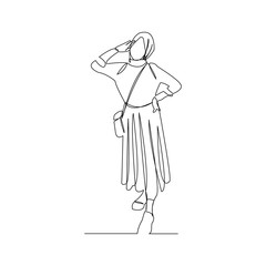 Continuous line drawing of fashionable muslim woman wearing hijab scarf. Vector illustration.