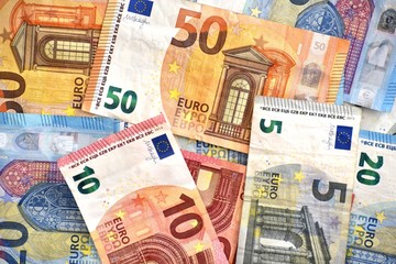 Euro banknotes background. 5, 10, 20 and 50 Euro notes. 