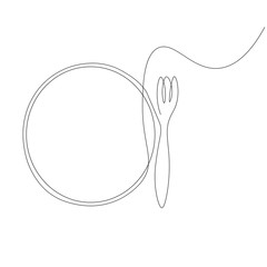 Fork and plate one line drawing vector illustration