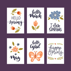 Creative spring cards. Hand Drawn flowers, butterflies and lettering.
