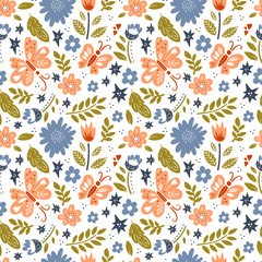 Vector background pattern with flowers. butterflies, leaves