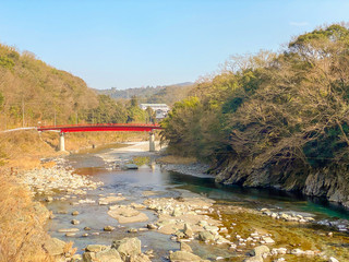 Japanese countryside river and bridge.