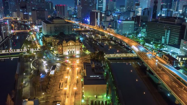 Osaka, Japan. Night Aerial Time-lapse Nakanoshima and City Hall With Traffic