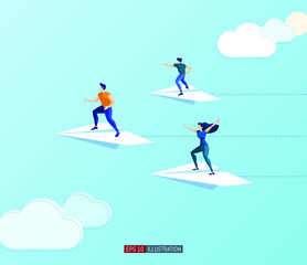 Fototapeta na wymiar Trendy flat illustration. People fly on paper airplanes. Teamwork concept. Globalization. International business. Competition. Goal achievement. Template for your design works. Vector graphics.