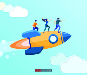 Trendy flat illustration. People fly on rocket. Teamwork concept. Startup. Globalization. International business. Competition. Goal achievement. Template for your design works. Vector graphics.