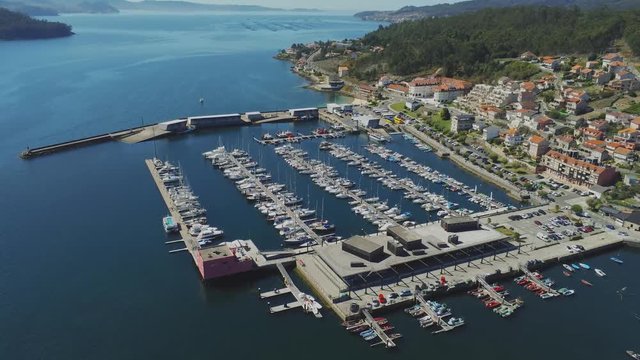 Aerial Zoom in of Porto Maritimo In Combarro Village Galicia Spain