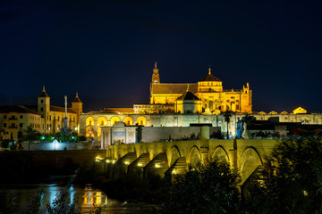 Mosque-Cathedral and the Roman Bridge in Cordoba, Andalusia, Spain at night