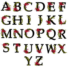 a set of letters with a decor of flowers and leaves, with elements of curls in the baroque style