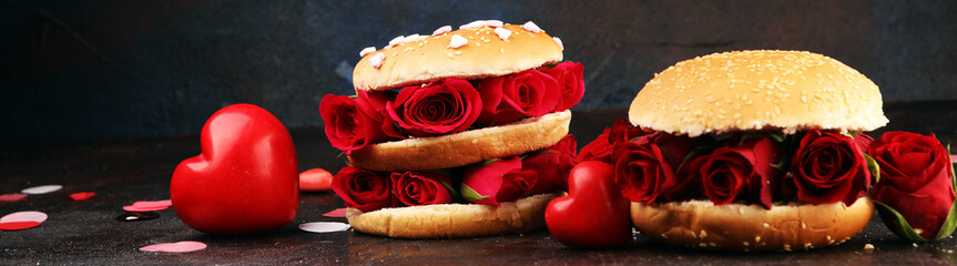 burger for valentines day with roses and red hearts