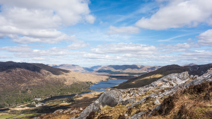 View of Connemara National Park and Lough Kylemore from the summit of Diamond Hill, Connemara, County Galway in the west of Ireland.