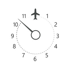 Clock with airplane icon, designation of time before departure, check-in for flight and arrival time symbol. Vector isolated illustration for airport infographic