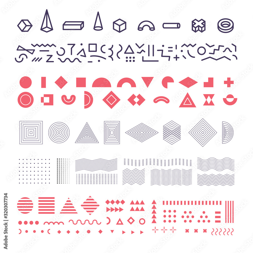 Poster Geometric memphis elements set, group of geometrical shapes, lines and linear patterns for modern background of banner and poster, brochure and clothes print. Vector illustration.