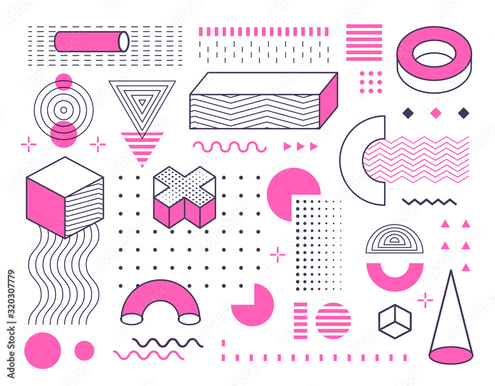 Poster Abstract geometric shapes and forms set with color. Memphis style design elements collection for poster, brochure, layout, template or presentation. Vector illustration on white background.
