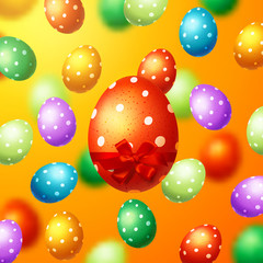 Trendy poster with colorful eggs with red bow and ribbon. Hand drawn calligraphy happy Easter. Decorated yellow, red, blue, green and purple eggs background