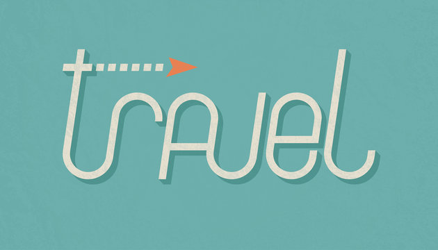 inscription Travel with dotted line arrowon a turquoise textured background