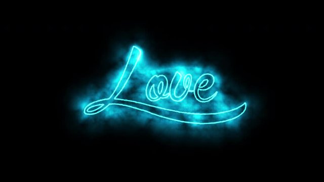 The word "Love" written out and revealed in a stylised font, in a neon style over a dark and smokey background. 4k