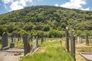 View of the ancient cemetery at Glendalough, an early Christian monastic settlement in Co. Wicklow, Ireland.