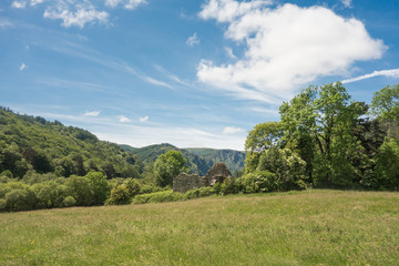 Trinity Church nestled in hilly woodland at Glendalough, Co. Wicklow, Ireland.