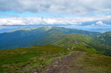 Mountain range Chornohora with its spurs in the Carpathian Mountains in summer. View from the top...