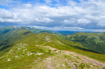 Mountain range Chornohora with its spurs in the Carpathian Mountains in summer. View from the top...