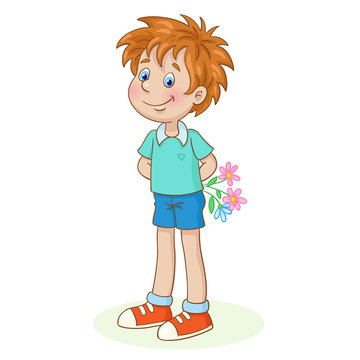 A cute little boy is standing with a bouquet of flowers behind his back. In cartoon style. Isolated on white background. Vector illustration.
