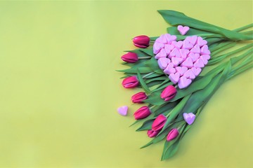 Valentine's day concept. bouquet of flowers, pink tulips. Marshmallow hearts.